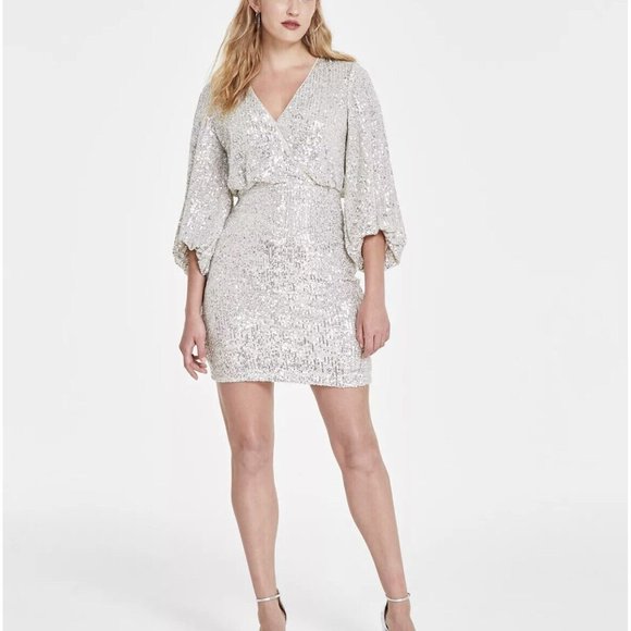 NWT ELIZA J Sequined Blouson Shift Dress Silver size 6 Wedding Guest Evening - Picture 1 of 10
